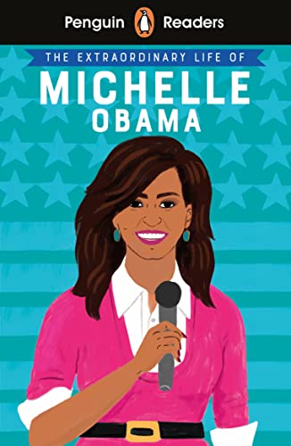 Book cover illustration of Michelle Obama holding a microphone against a blue star background.