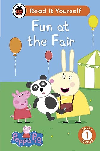 Peppa Pig and friends at a fair, with balloons and a tent.