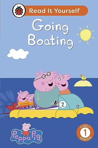 Peppa Pig family in a yellow boat on blue water.