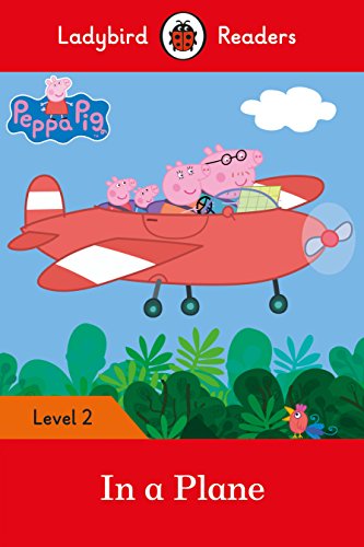 Peppa Pig family flies in a red biplane over green trees.
