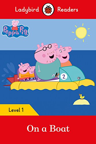 Peppa Pig family on a yellow boat under a sunny sky.