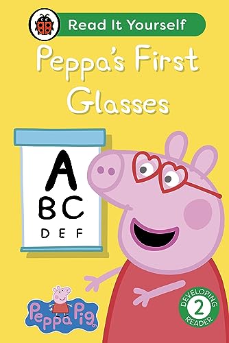 Peppa Pig wearing red heart-shaped glasses, eye chart in background.