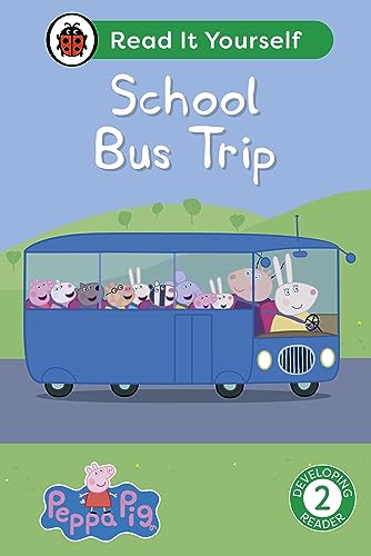 Peppa Pig and friends on a blue school bus, book cover.