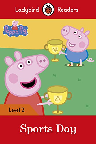 Peppa Pig and George holding gold trophies on a green field.