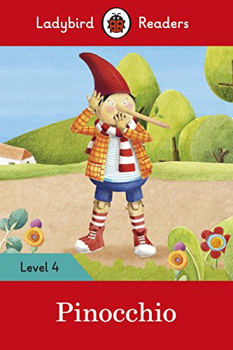 Pinocchio with a growing nose, illustrated cover of a children’s book.