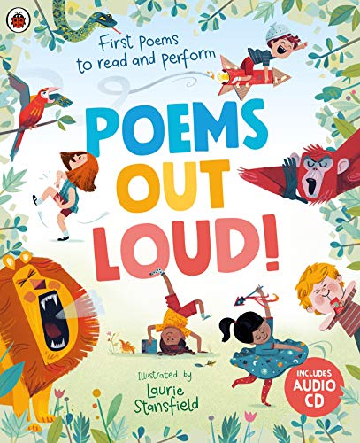 Children and animals amongst foliage with colorful “Poems Out Loud!” title.