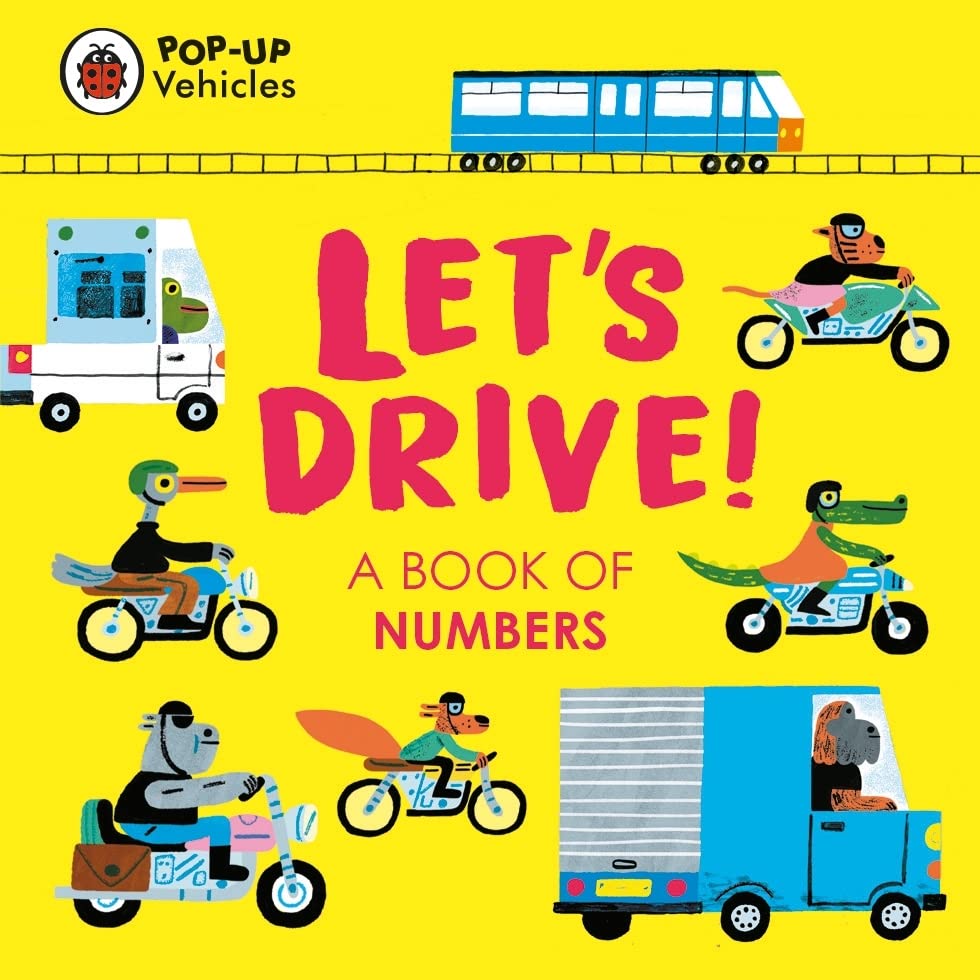 Bright yellow cover with colorful illustrated vehicles and large red text.