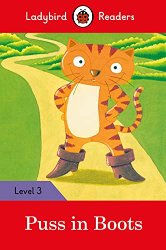 Puss in Boots book cover, illustrated cat in boots on a path.