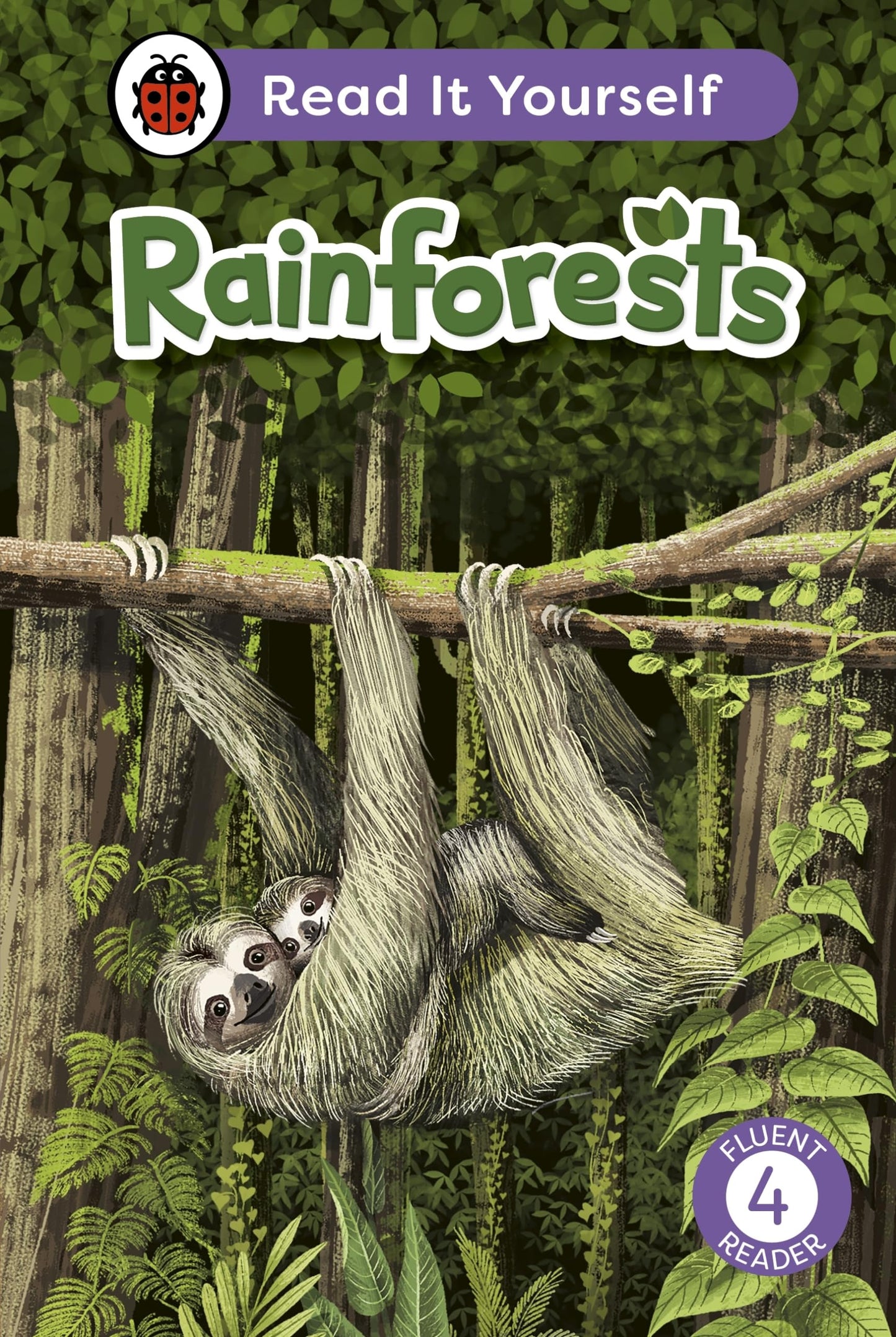 Book cover depicting a sloth hanging from a branch in a rainforest.