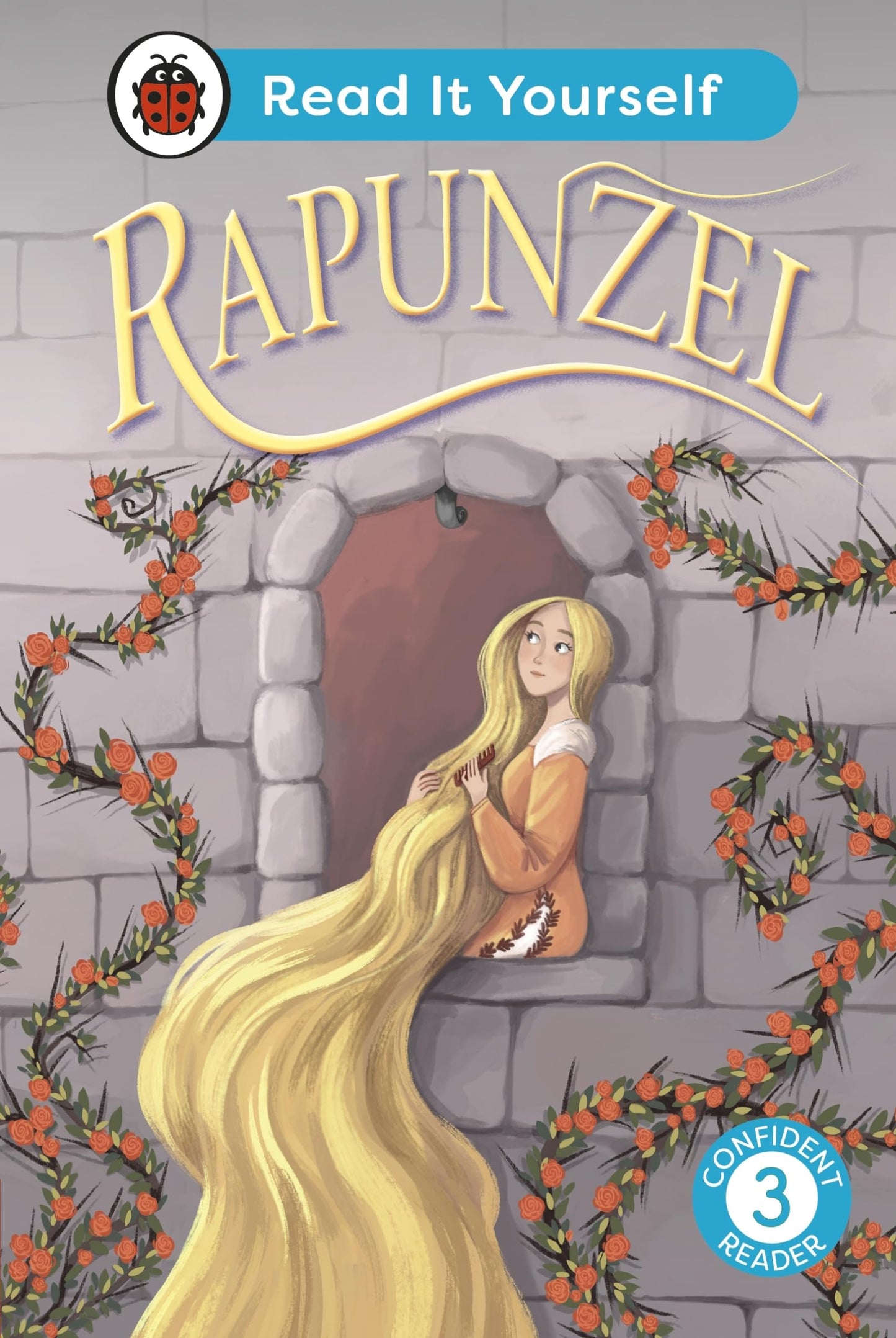Rapunzel with long golden hair stands before a stone tower.