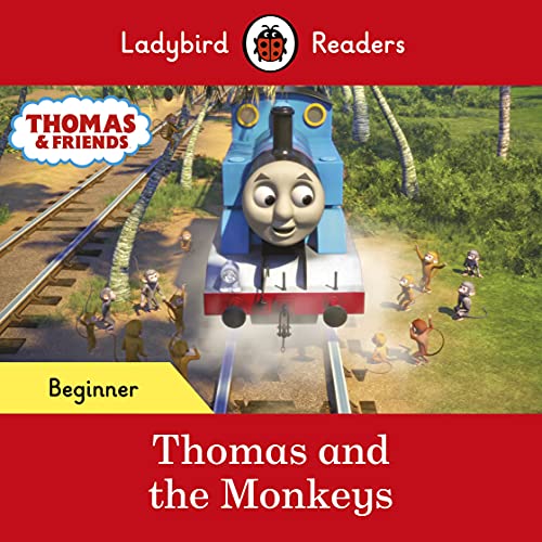 Book cover showing Thomas the Tank Engine on tracks surrounded by small monkeys.