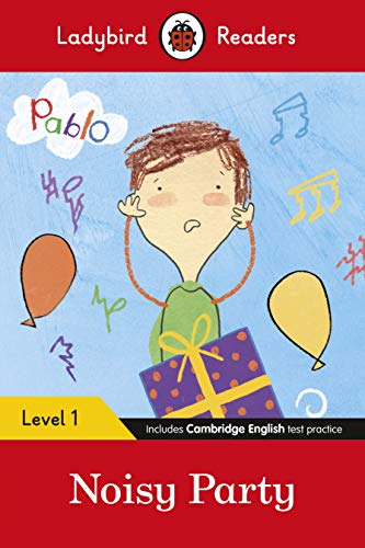 Book cover: "Noisy Party" with illustration of a boy, balloons, and gift.