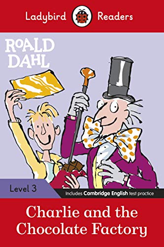 Book cover with illustrations of Charlie and Willy Wonka holding chocolate.