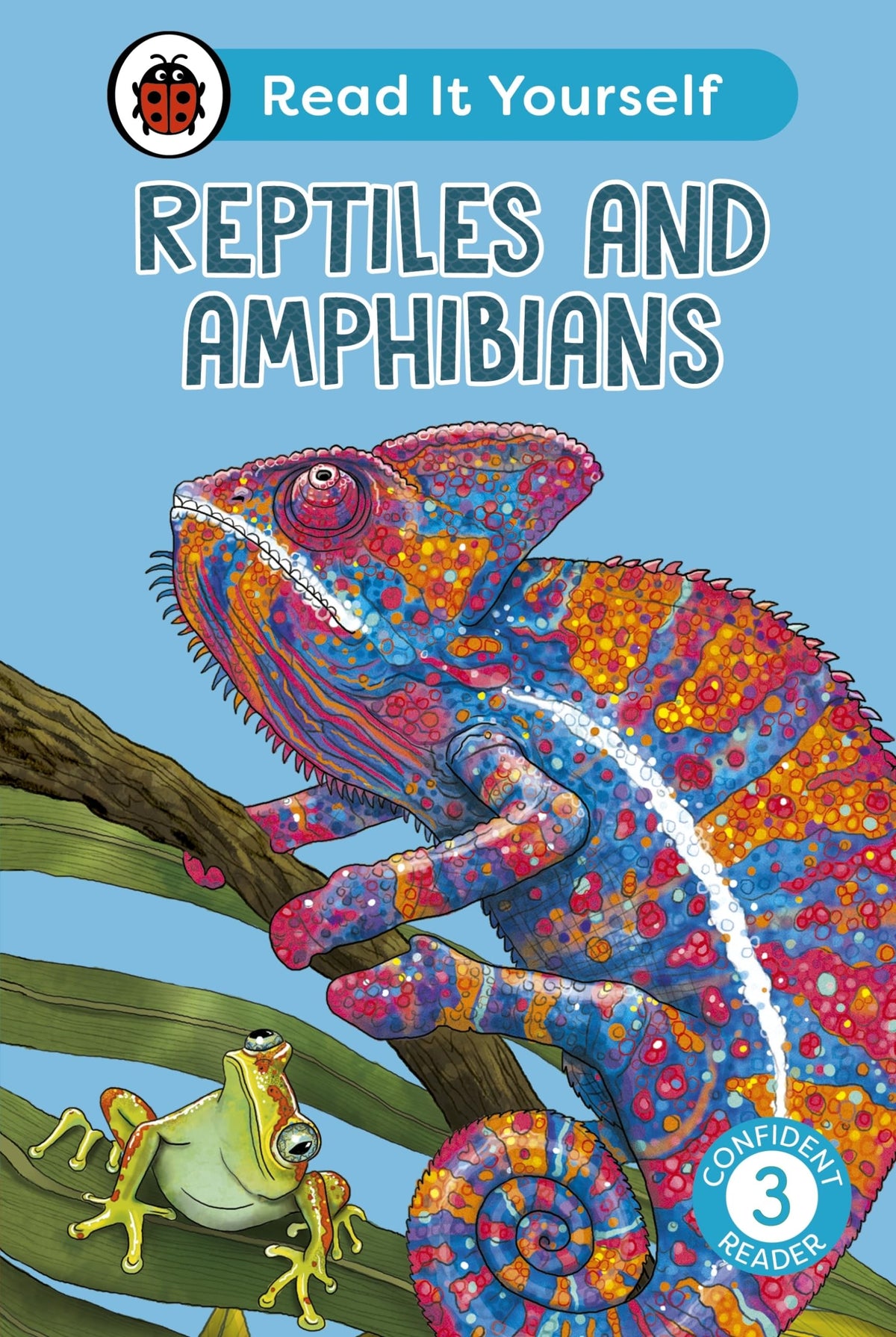 Book cover featuring a colorful chameleon and a green tree frog.