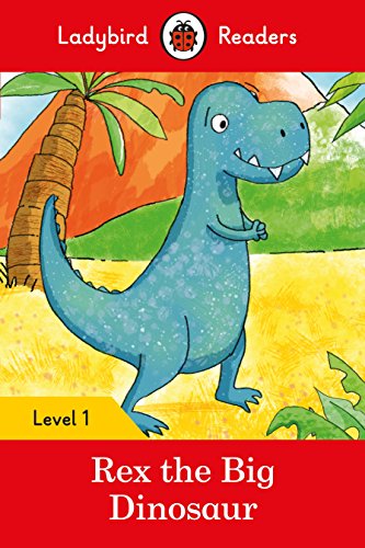 Blue dinosaur, Rex, stands near a palm tree on a yellow background.
