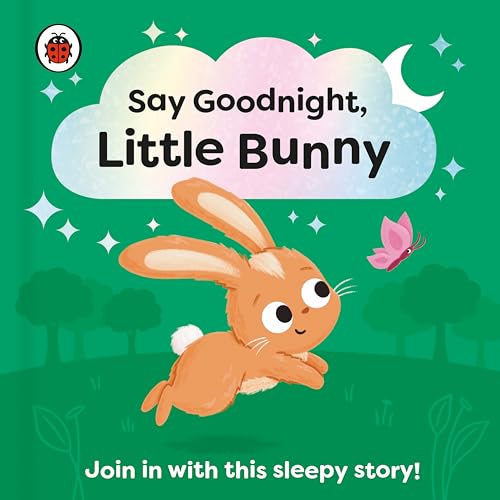 Book cover with a jumping bunny, crescent moon, and butterfly.