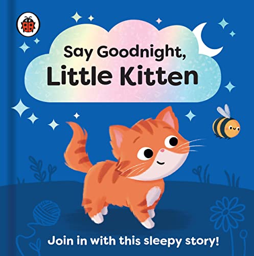 Orange kitten with a bee, clouds, and crescent moon on a blue background.
