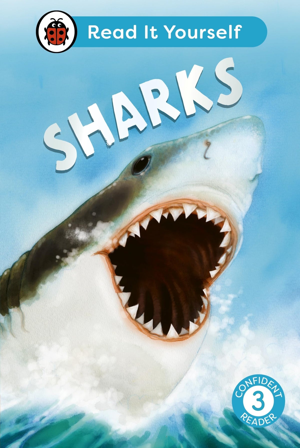 Book cover featuring a great white shark with open jaws and text.