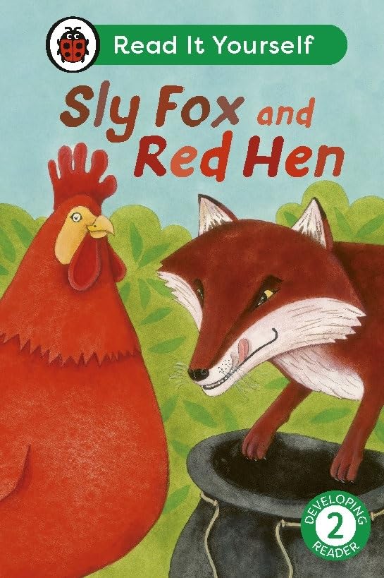 Book cover featuring a fox and a red hen in a green field.