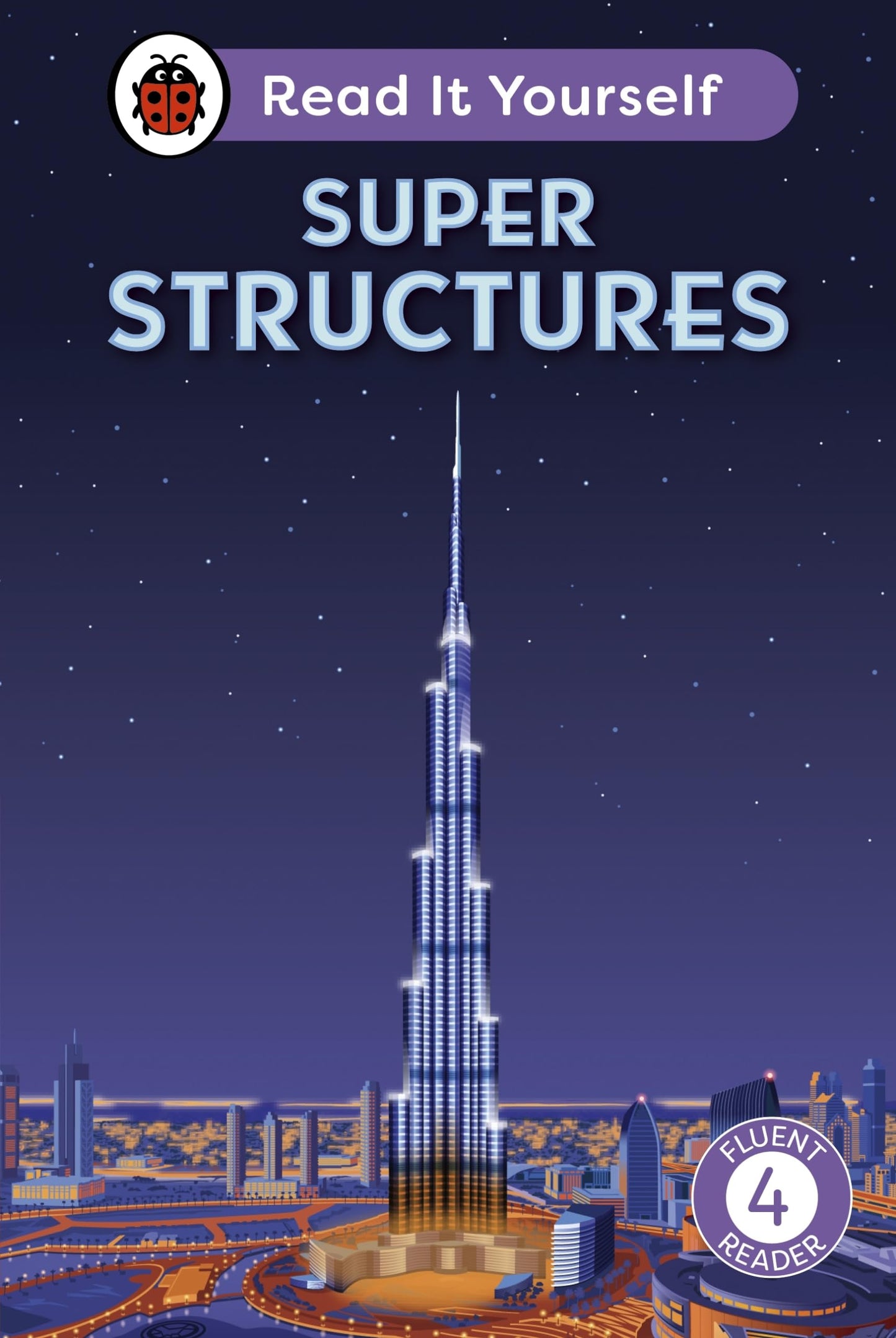 Book cover featuring a tall skyscraper at night, labeled "Super Structures.