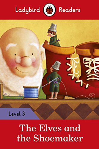 Book cover: shoemaker, elves, and large boots, illustrated fairytale scene.