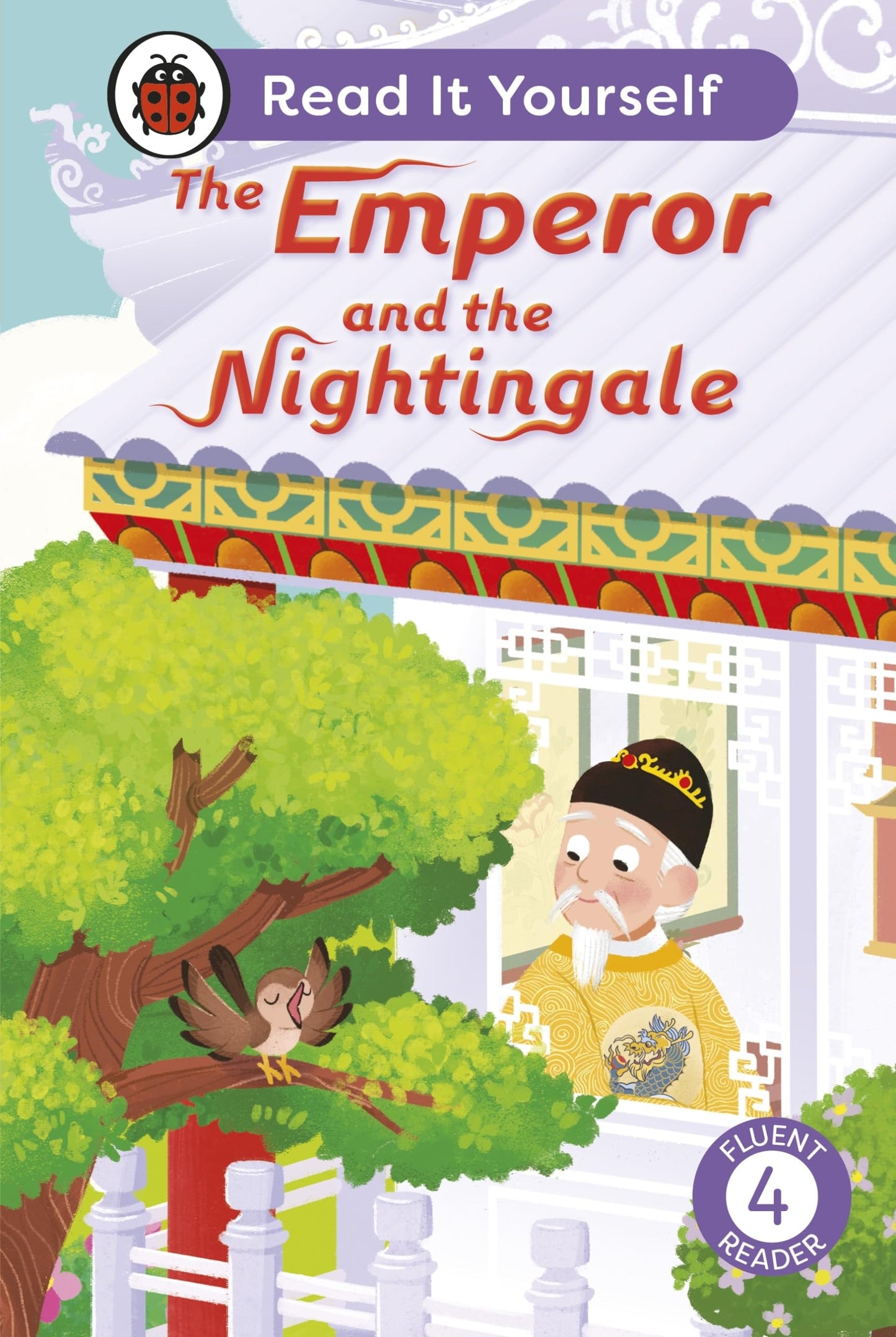Book cover depicting an emperor and a nightingale in a garden.