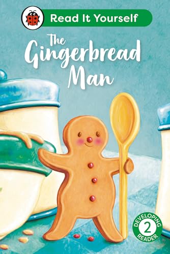 A gingerbread man holding a wooden spoon stands in front of kitchen canisters.