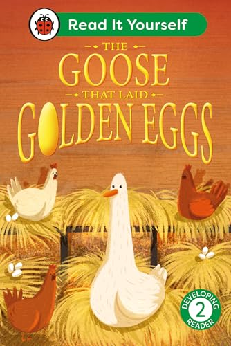 Book cover: a white goose, golden egg, and other farm birds.
