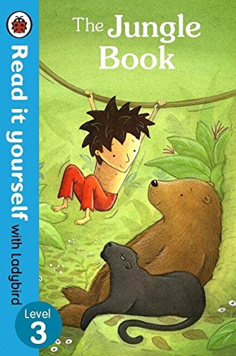 Book cover: Mowgli with Baloo and Bagheera, green jungle background.