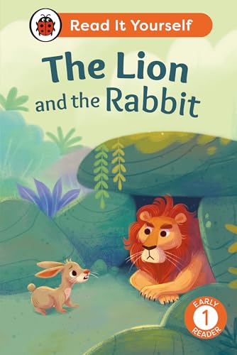 Book cover depicting a lion and rabbit in a green landscape.