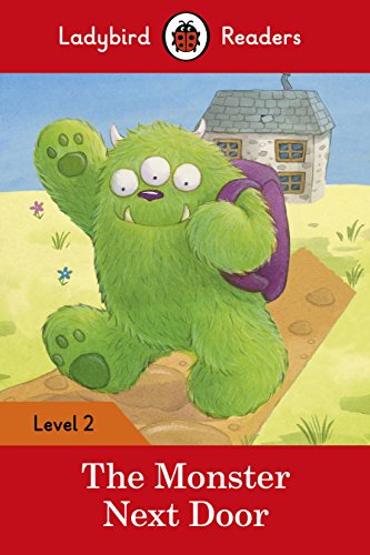 A green, three-eyed monster with a purple backpack waves in front of a house.