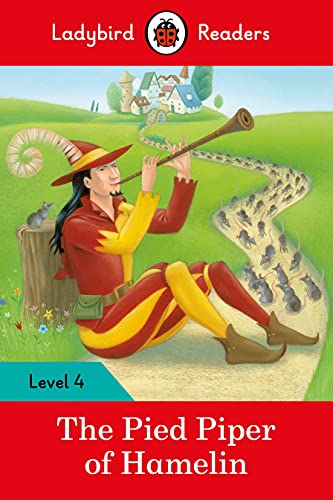 The Pied Piper playing a flute, leading many rats in a line.