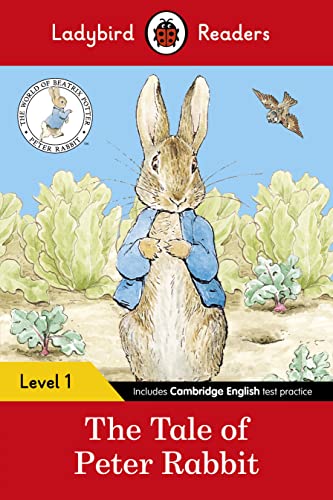Peter Rabbit in a blue jacket standing in a garden on a book cover.