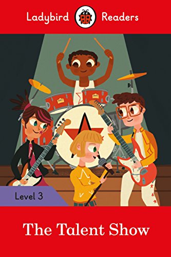 Children playing musical instruments on a stage, book cover illustration.
