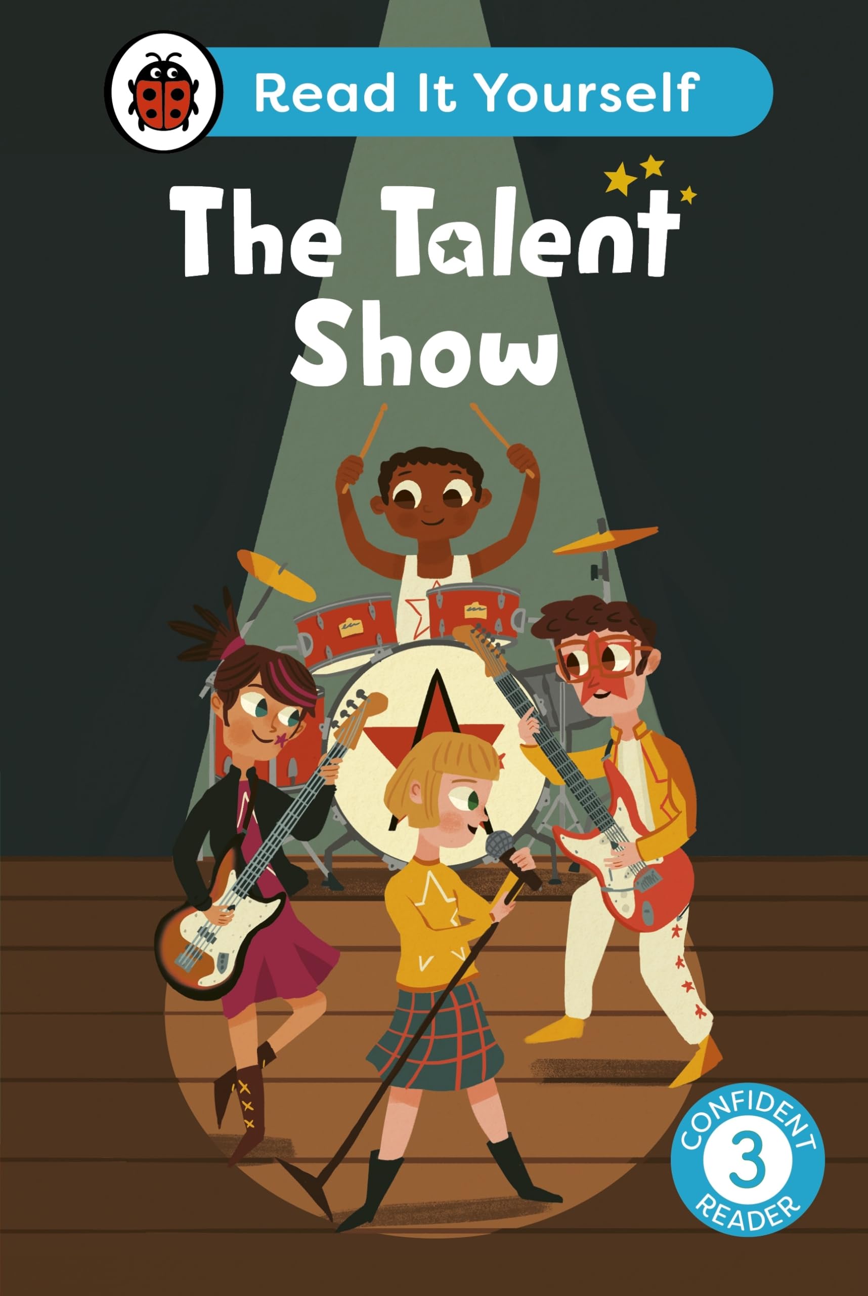 Book cover: children performing in a band on stage with spotlights.