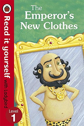 "Children's book cover featuring a cartoon emperor admiring himself in an ornate mirror."