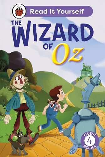 Book cover featuring Dorothy, the Scarecrow, the Tin Man, and Toto on a yellow road.