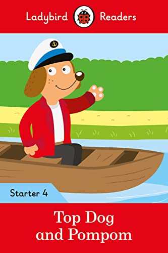 Cartoon dog in a red jacket rows a small brown boat.