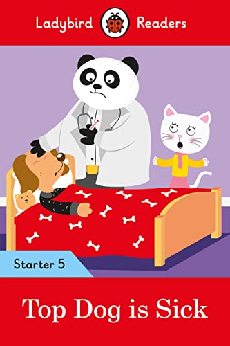 Panda doctor checks on sick dog with surprised cat watching.
