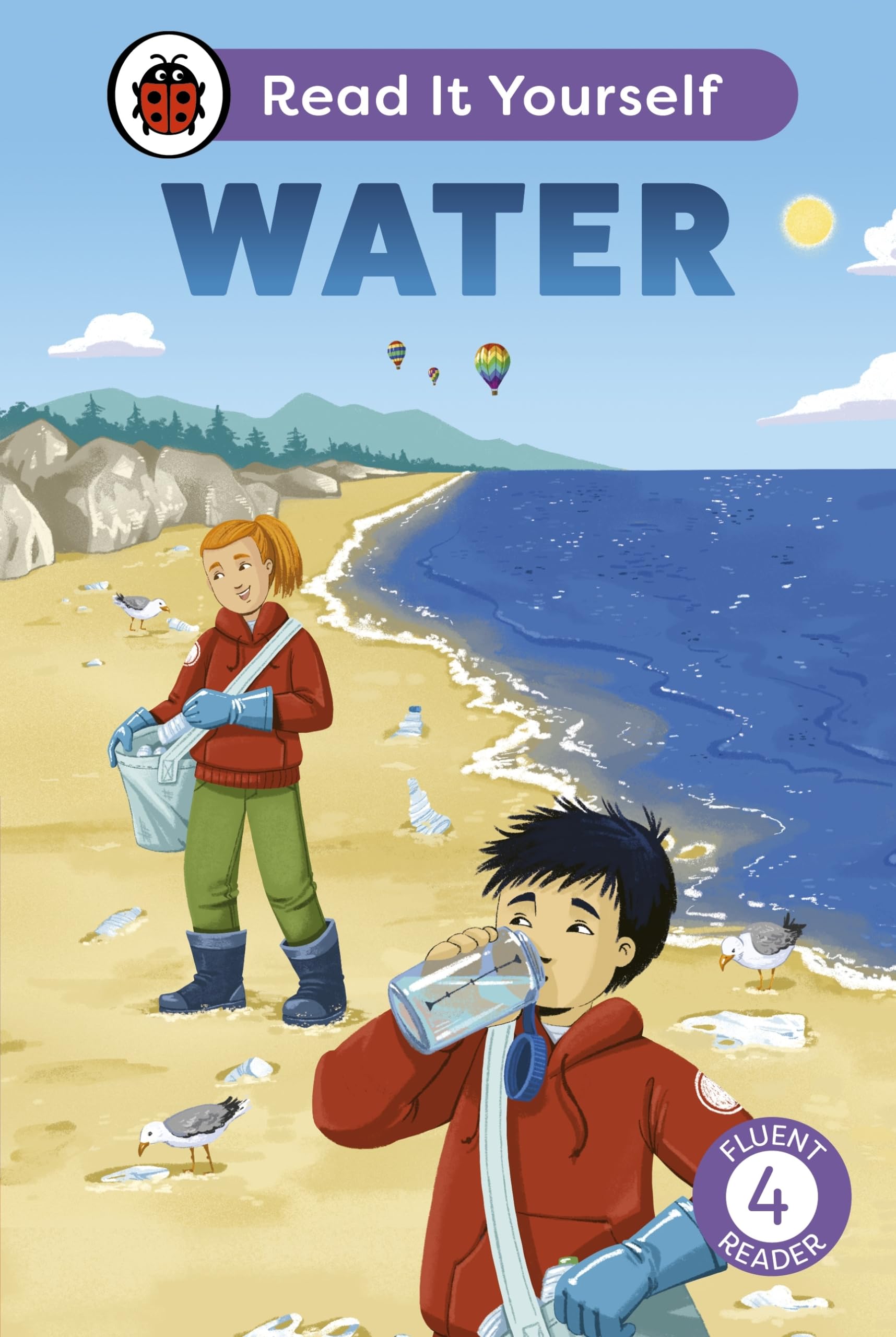 Children by the sea with water, book cover for fluent readers.