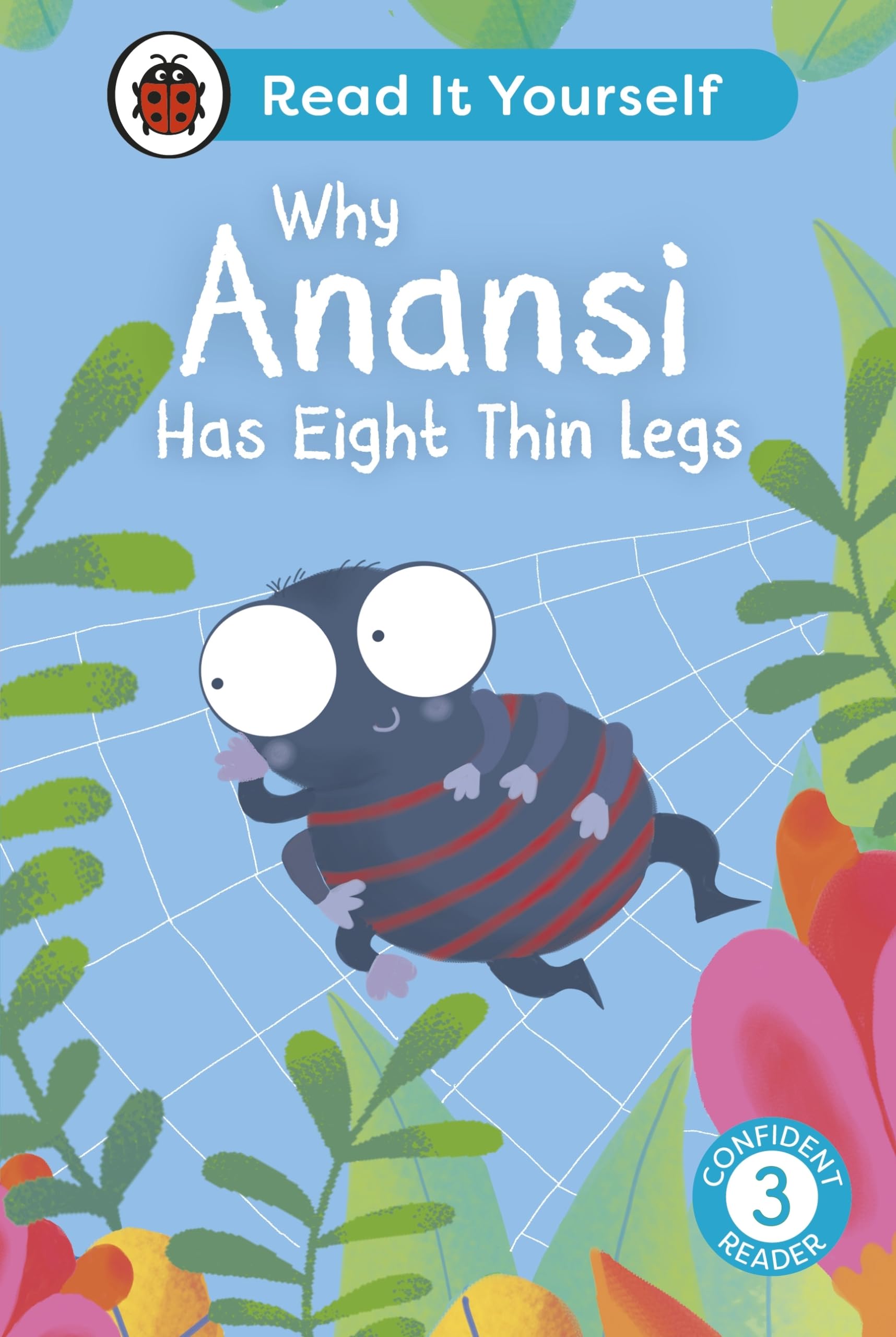 Book cover featuring Anansi the spider with eight legs and blue foliage.