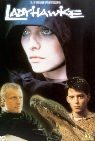 DVD cover art for Ladyhawke featuring a woman in a hood, two men, and hawk.
