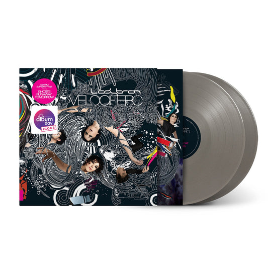 Ladytron's "Velocifero" vinyl record with illustrated cover and two grey discs.