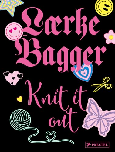 Black book cover with pink lettering, knitting motifs, and playful graphics.