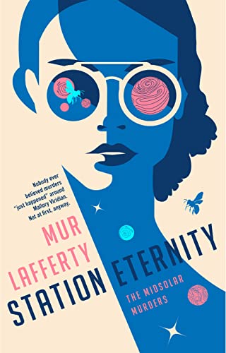 Stylized blue portrait of a woman wearing glasses reflecting planets and a bee.