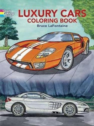 Luxury cars coloring book cover with orange and white sports cars on a road.