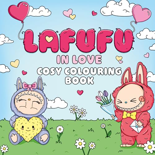 Book cover: "Lafufu in Love" with cartoon rabbits and hearts.
