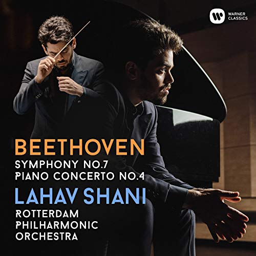 A man conducts an orchestra while another man plays piano on a CD cover.