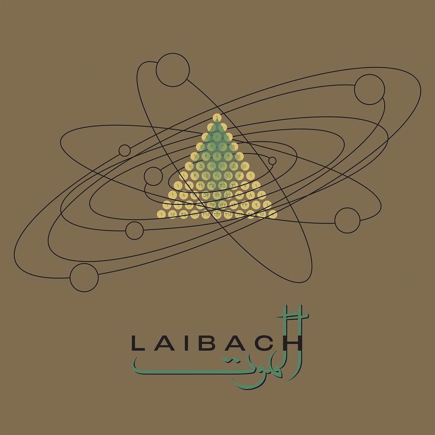 A triangular arrangement of numbered circles inside orbiting rings with the text Laibach below.