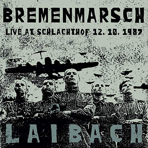 Laibach album cover: band members with a plane in a distressed style.